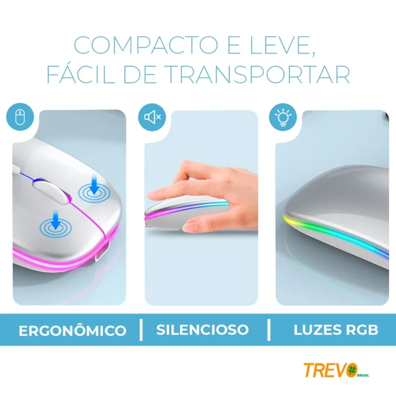 Mouse Sem Fio Wireless Recarregavel Led Rgb 2,4GHz Bluetooth Bateria Interna Ergonômico Silencioso - Image 2
